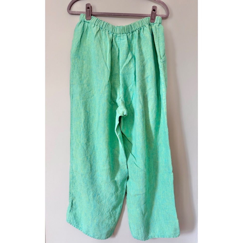 Flax Linen Pants Pull On Relaxed Wide Leg Cropped Green Yellow Medium Fits 10-14 - Picture 5 of 7